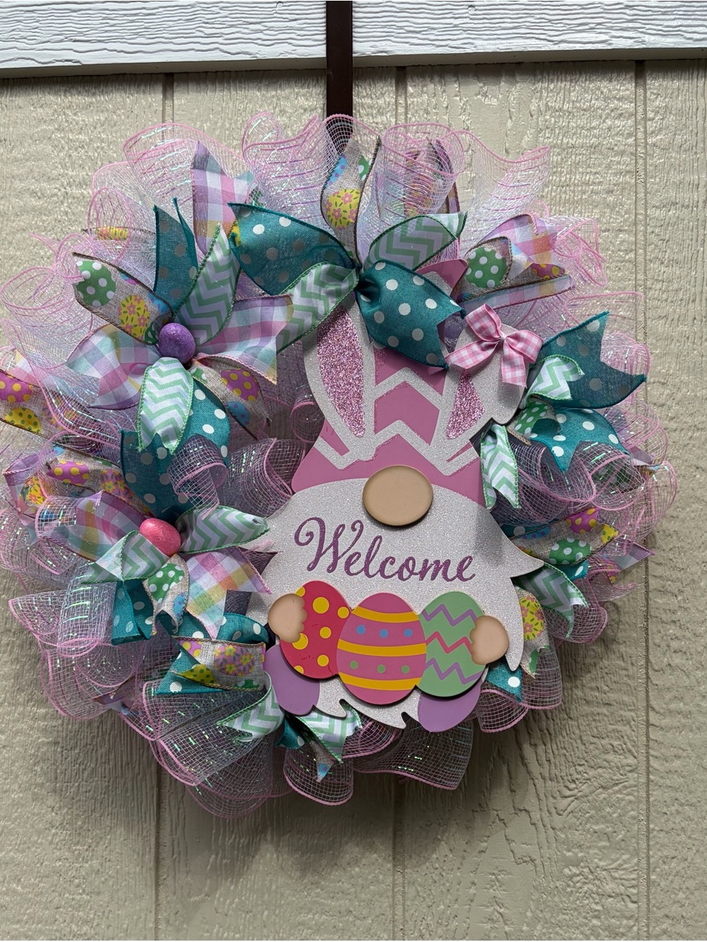 Welcome Easter Bunny Wreath - Pink & Teal Holiday Door Decor